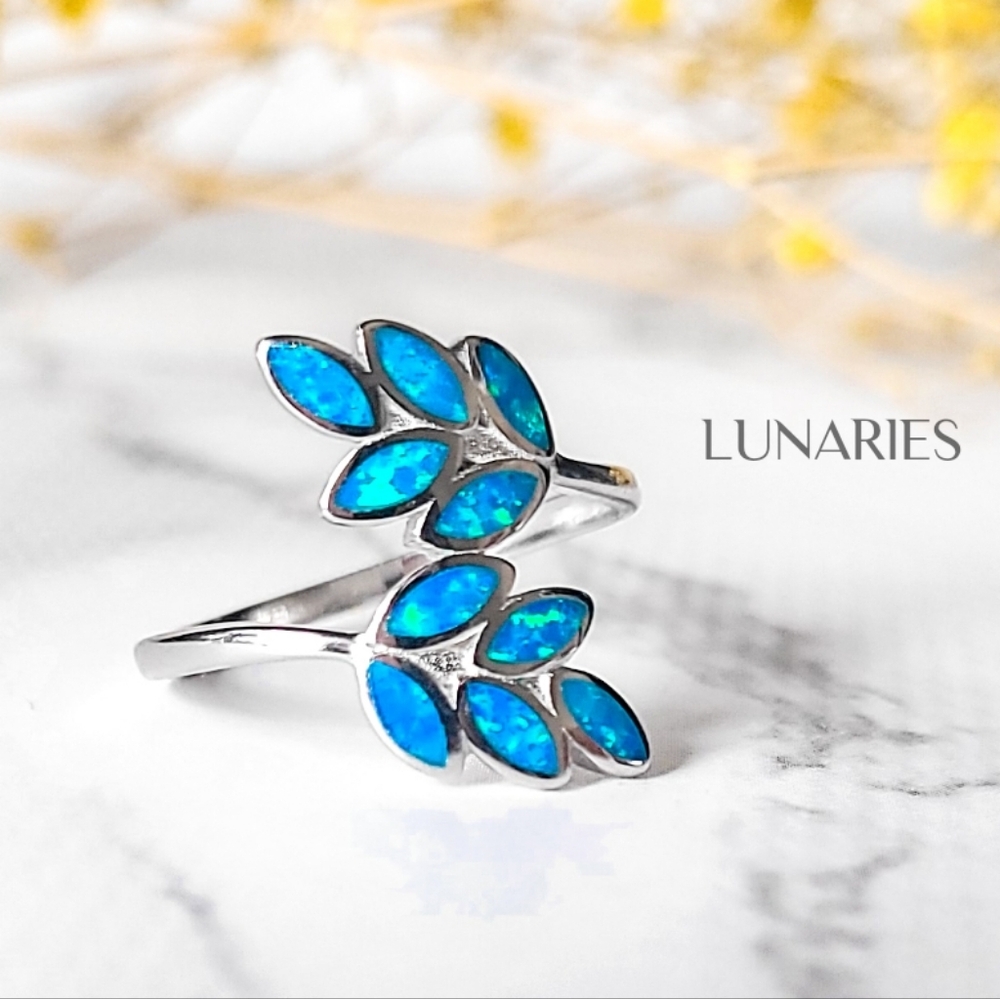 Aqua Blue Fire Opal Ring • 925 Sterling Silver Ring • Wrap Greek Olive Leaf